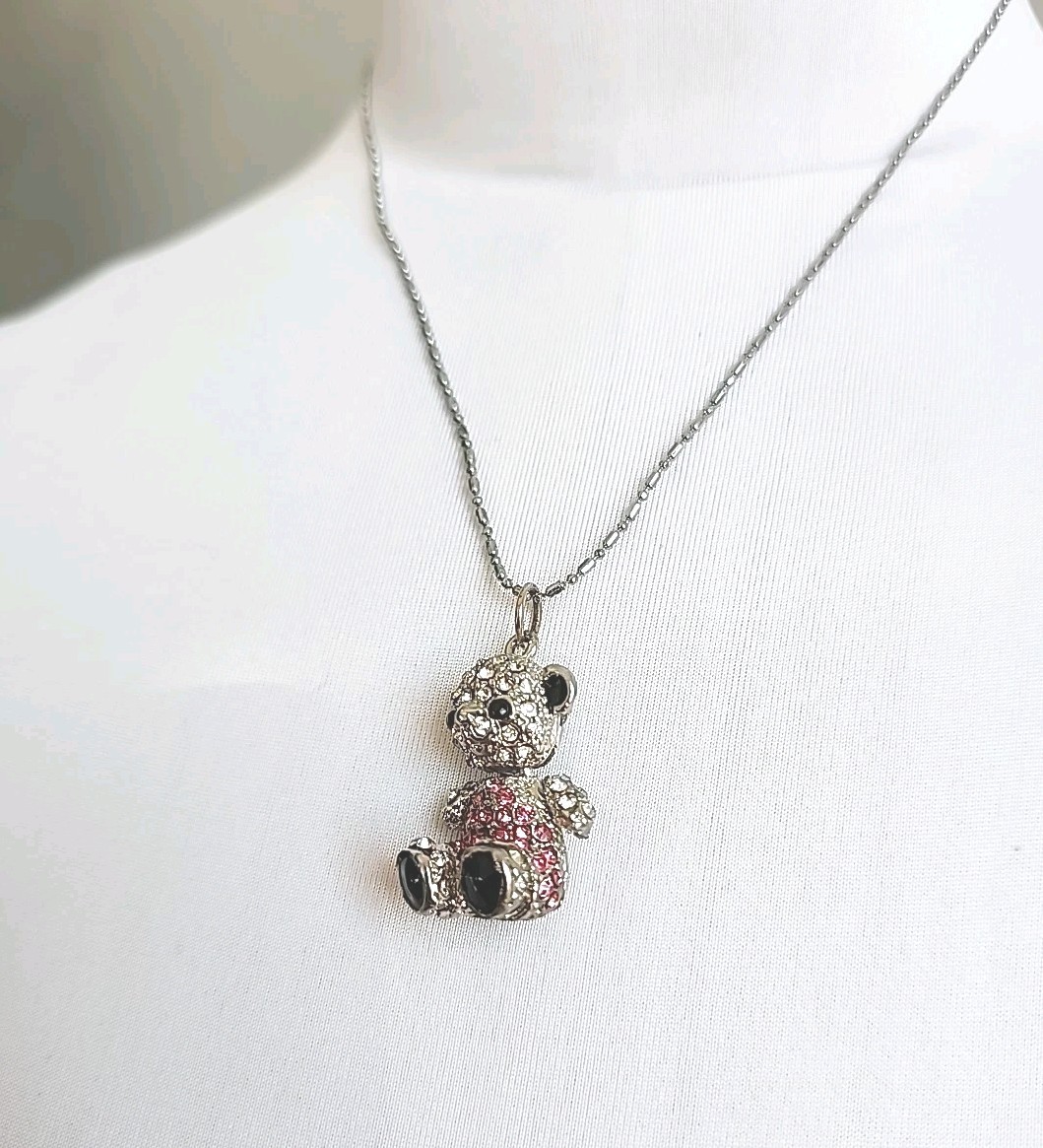 Silver Toned Teddy Bear Chrystal Pendant Necklace With Moving Head Pink White S