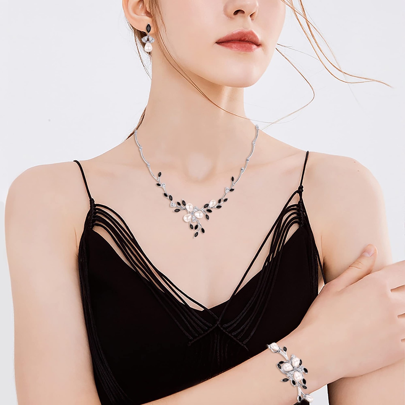 Party Prom Cubic Zirconia Jewelry Set, Simulated Pearl Black Marquise Flower …