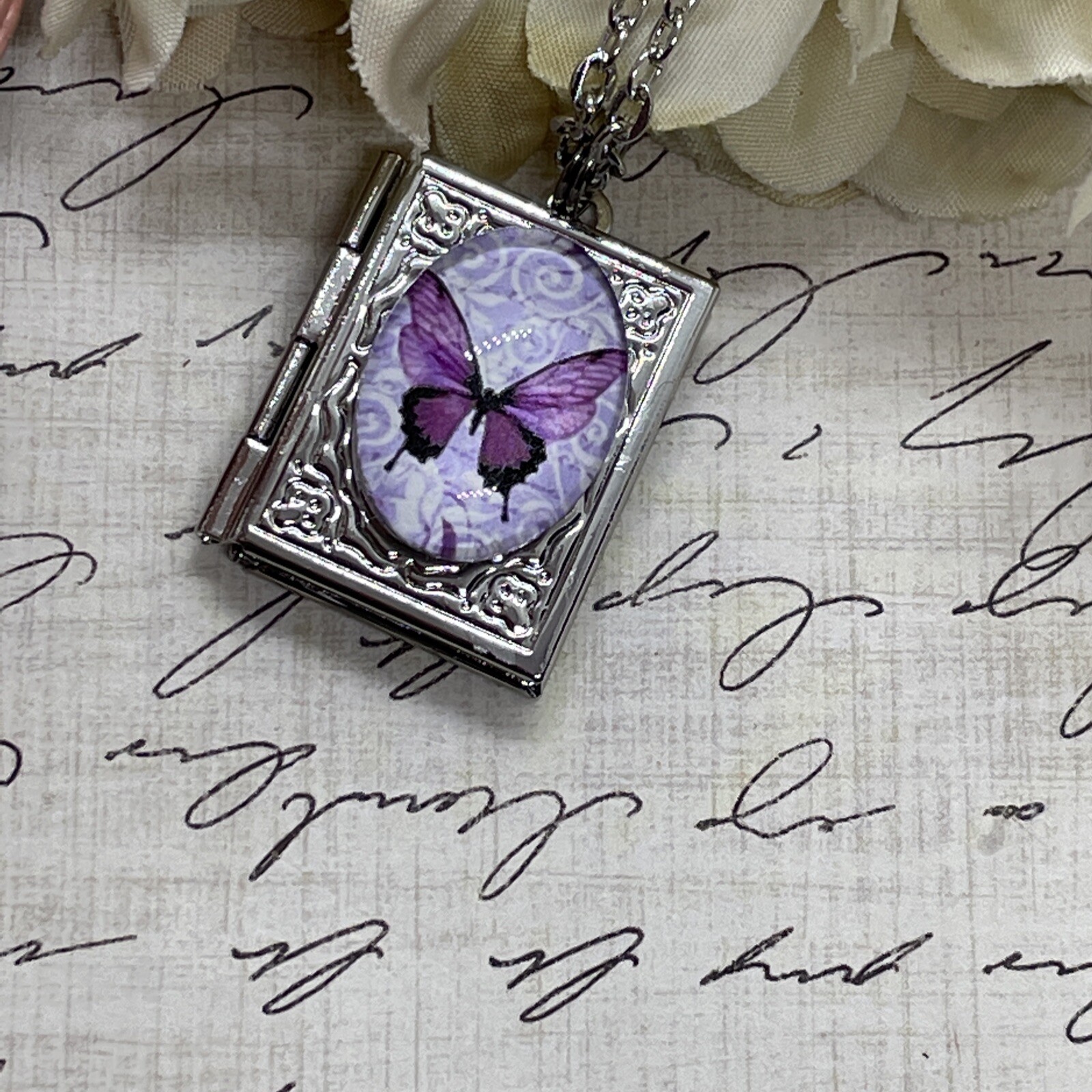 Silver Birthday anniversary purple BUTTERFLY book Locket pendant necklace photo