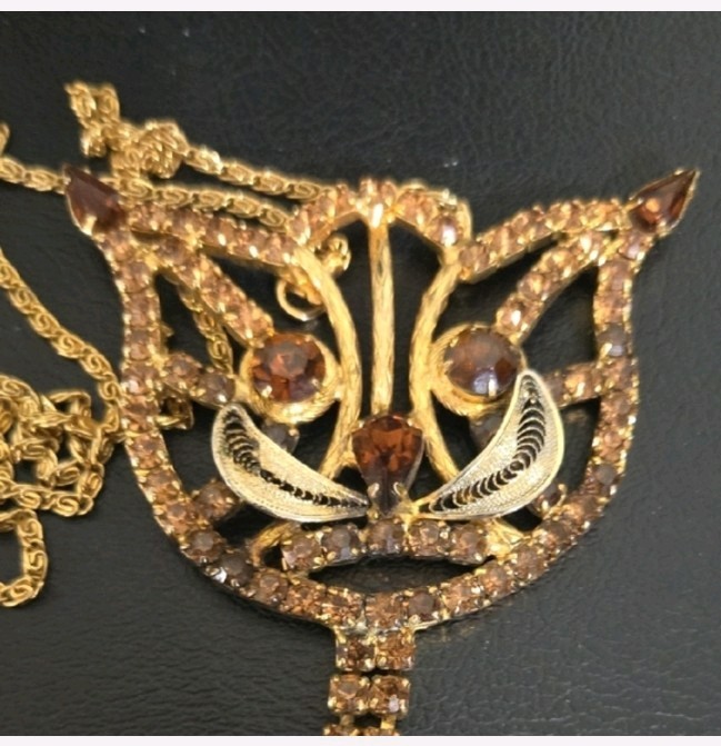Rare Vintage Unsigned Alice Caviness Amber Toned Rhinestone Cat Necklace