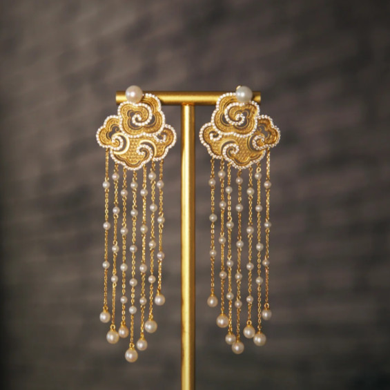 Cloud Pattern Pearl Tassel Earrings Vintage Chinese Style Hanfu Jewelry