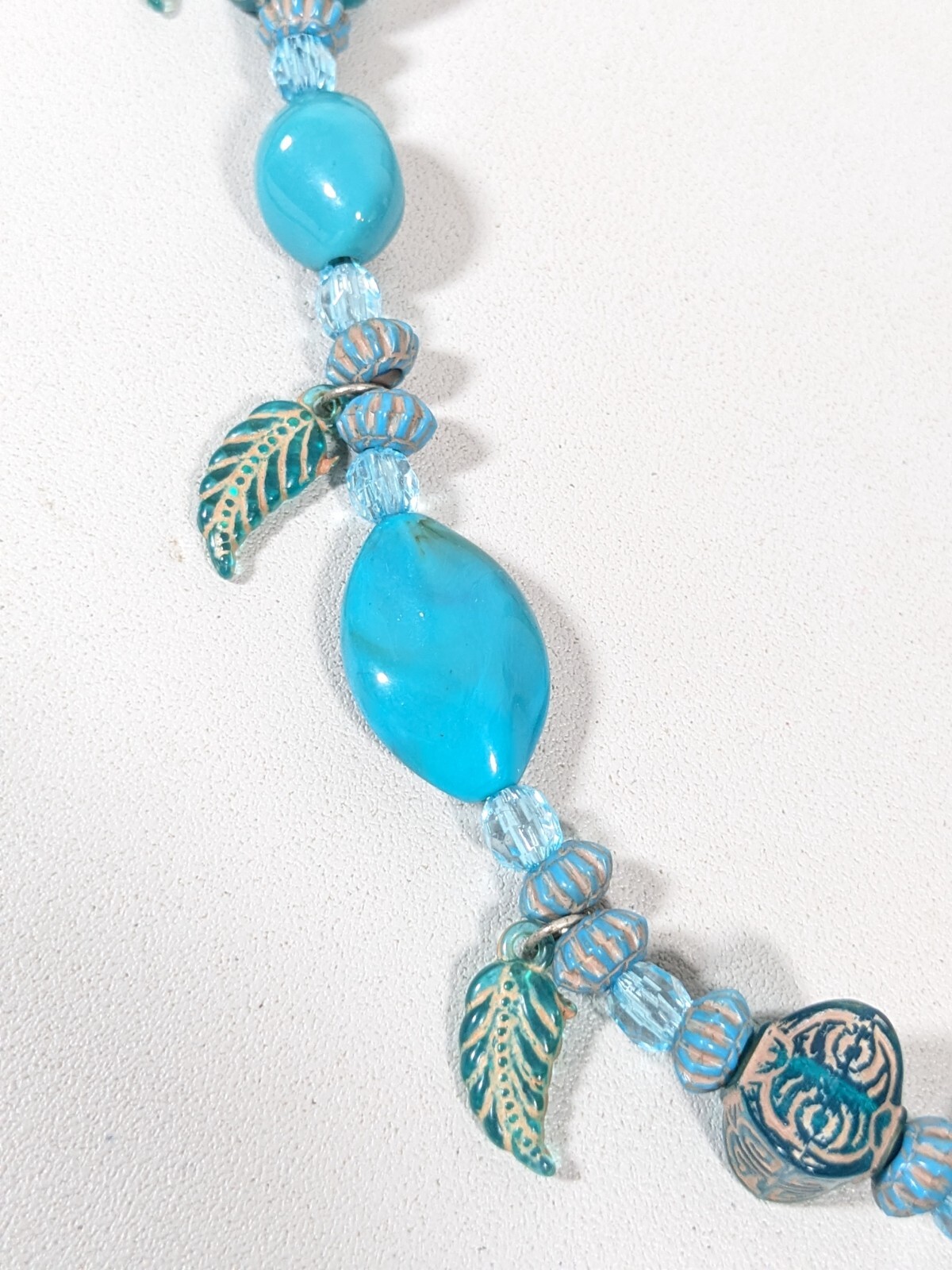 Beach Coastal Boho Blue Acrylic Leaf Charm Bead Bali Style Necklace 18.5 inches