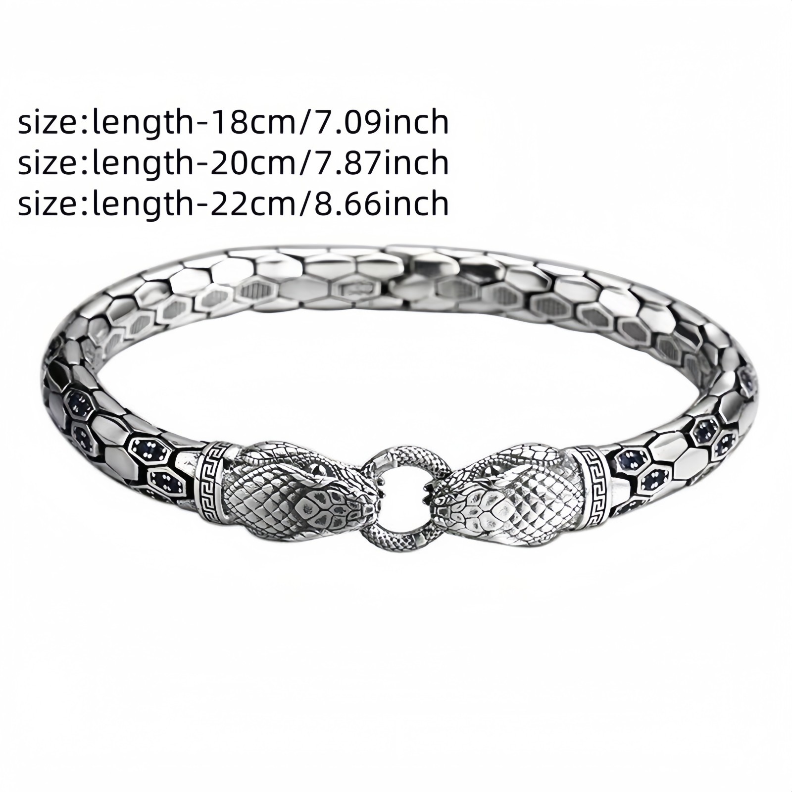 Snake Head Copper Bracelet for Men, Plated w Silver Inlaid with Black CZ Antique