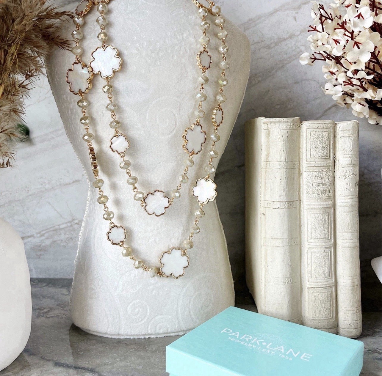 Park Lane CLOUD Mother Of Pearl & Faceted Glass Bead Long Gold Necklace BNWT 48”