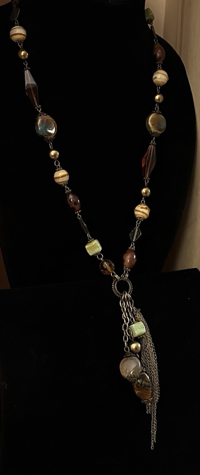 Bohemian Long Tassel Necklace Earth Tones Beaded Mixed Materials 26-29”