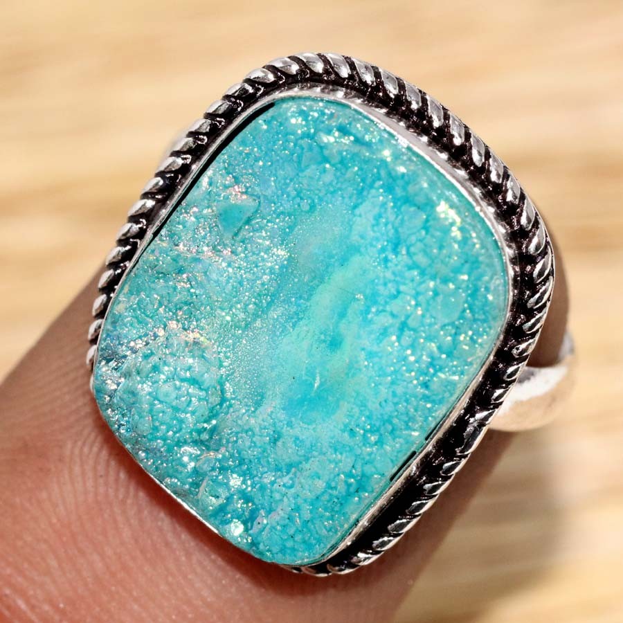 925 Silver Plated Blue Titanium Druzy Ring US 7 Most Loved Gift Trendy GW