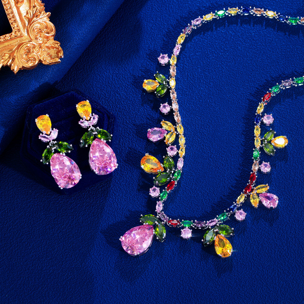 Chic Multicolor Drop Leaf Wedding Necklace Earrings Silver Plated CZ Jewelry Set