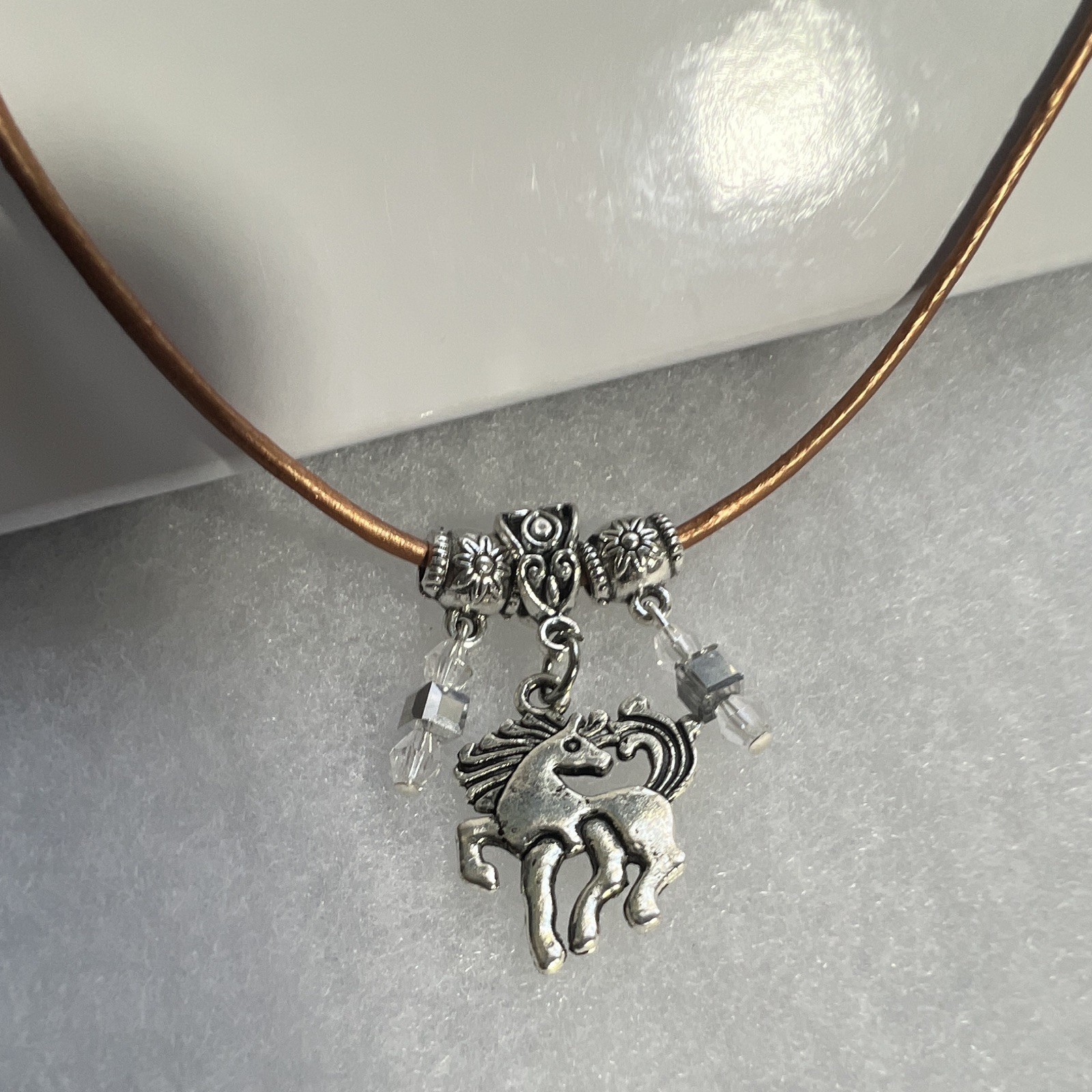 Silver horse crystals, leather cord, lobster, claw clasp 16 inch