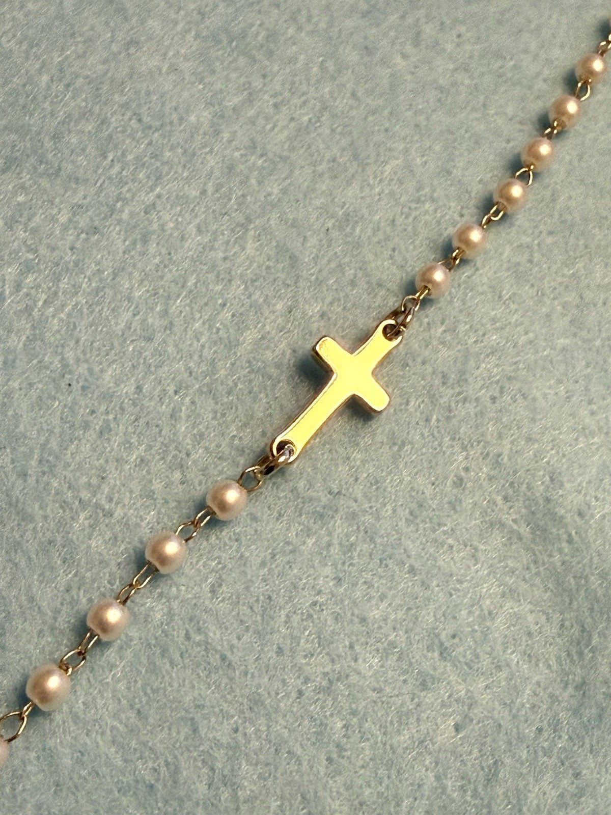 Gold Tone Cable Chain Necklace White Faux Pearl Beads Cross Charm Lobster