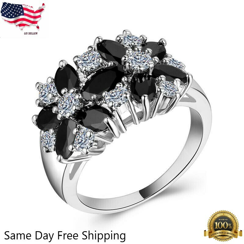 Women Fashion Silver Plated Jewelry Black Sapphire Ring Size 6-10 Simulated