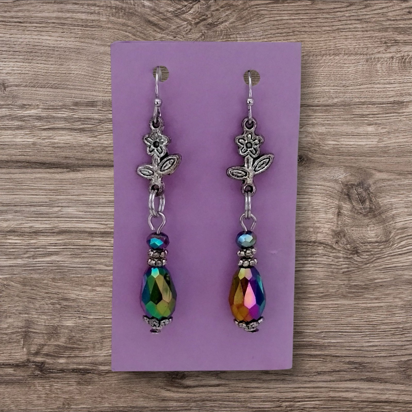 Handcrafted IRRIDESCENT BEADS SILVERTONE FLOWERS Double-Sided Dangle Earrings