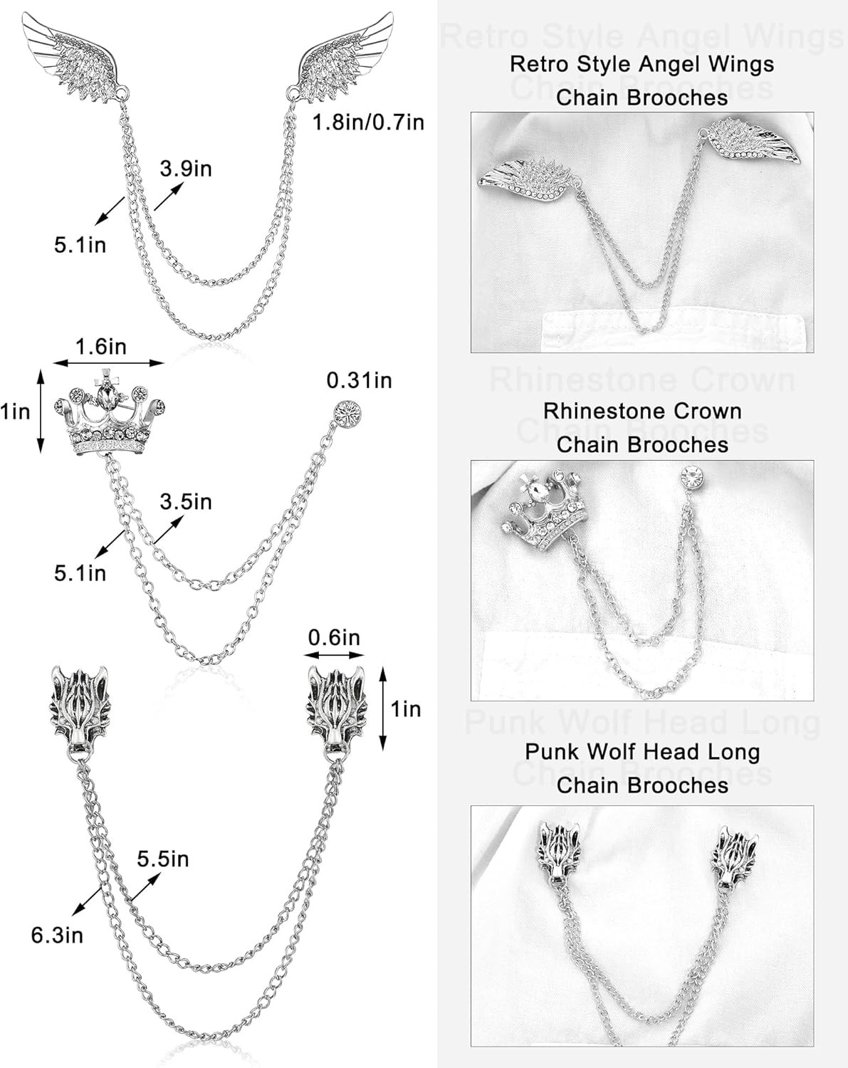 6 Pieces Men’s Tassel Chain Brooch Collar Pins Wedding Brooches Collar Pins Wing