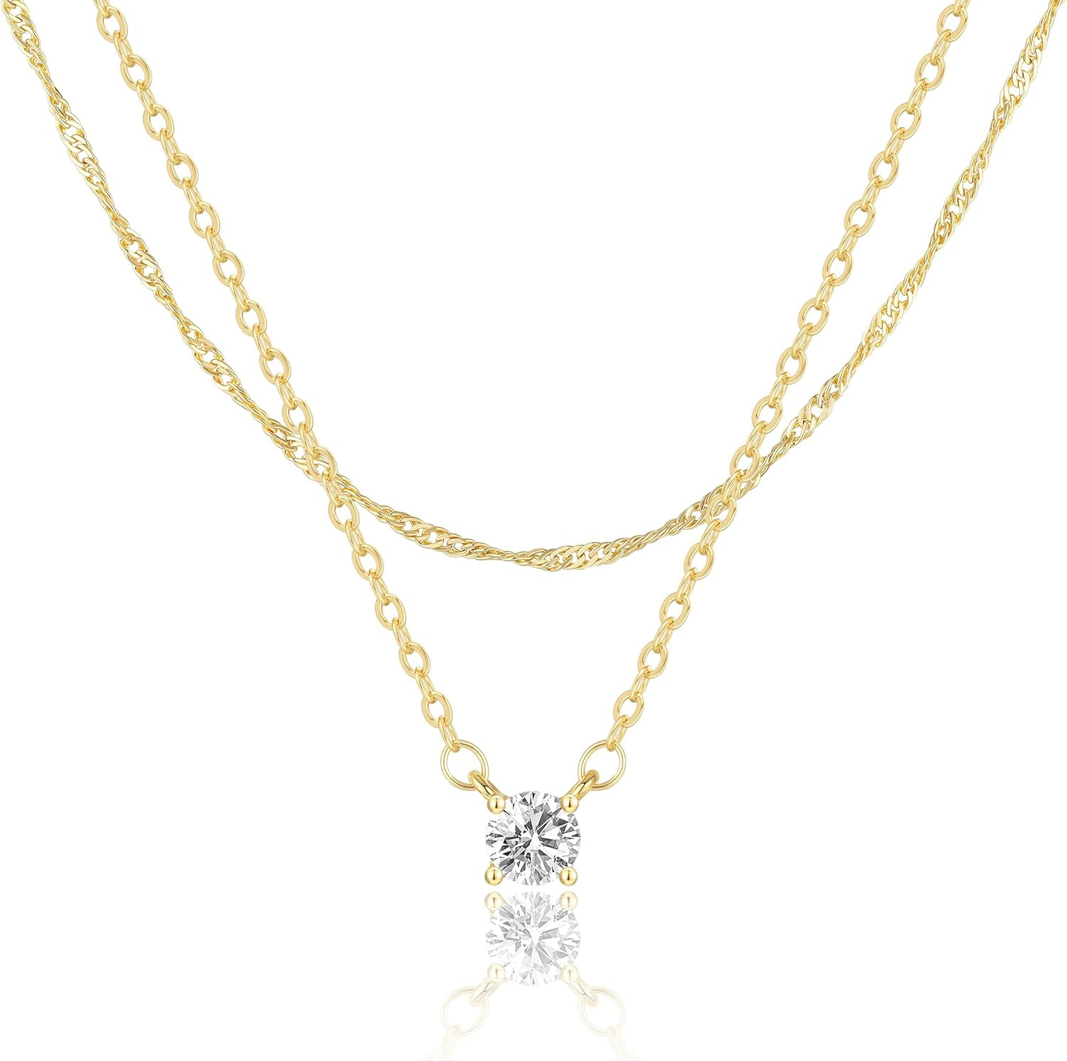 Layered Gold Necklace for Women Trendy 14K Gold Plated Heart CZ Pendant Layered