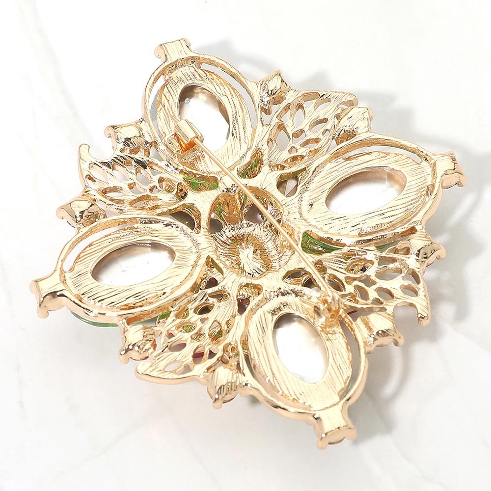 2PCS Red Crystal Floral Leaf Brooch Pins Gold Tone Rhinestone Statement Corsage
