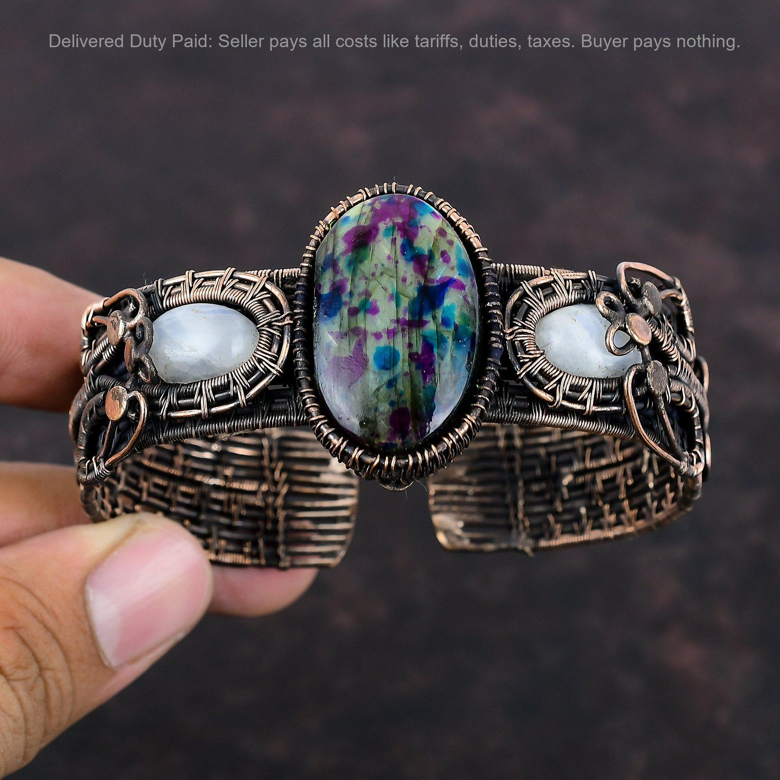 Copper Natural Multi Fire Labradorite Rainbow Moonstone New Wire Wrapped Bangle