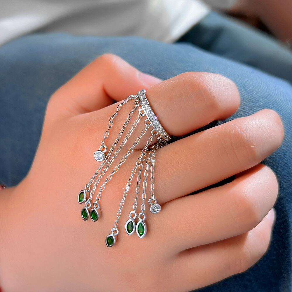 Top Silver Plated CZ Chain Link Tassel Marquise Leaf Charm Engagement Band Ring