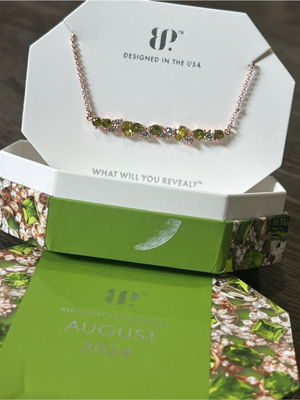Bomb Party August 2024 Peridot on Rose Gold Plated necklace