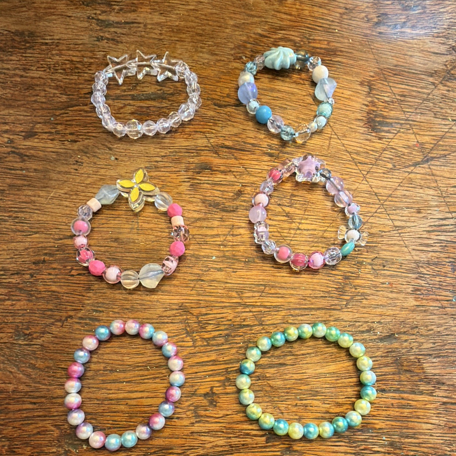 Set Of 6 Multicolor Beaded Stretch Charm Bracelets Stars Flowers Stackable