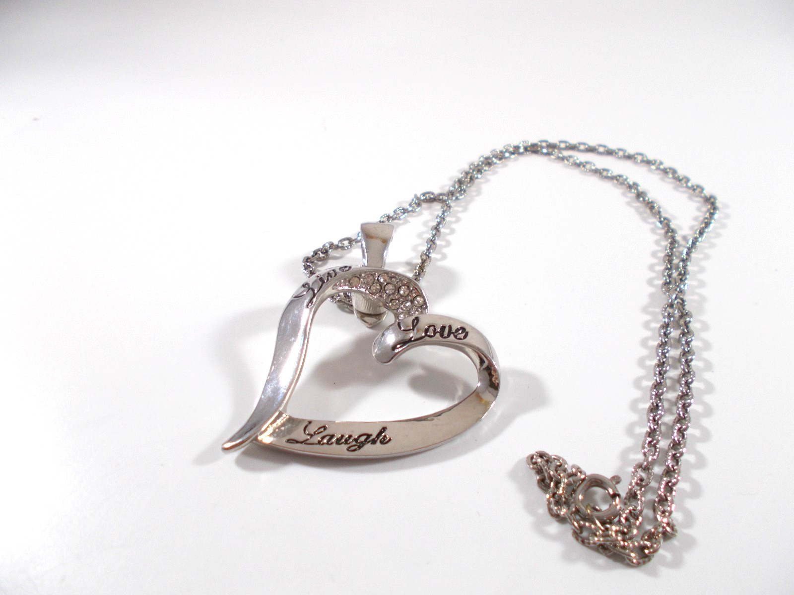 Signed Roman Live Love Laugh Open Heart Silver Tone Pendant Necklace Free Ship