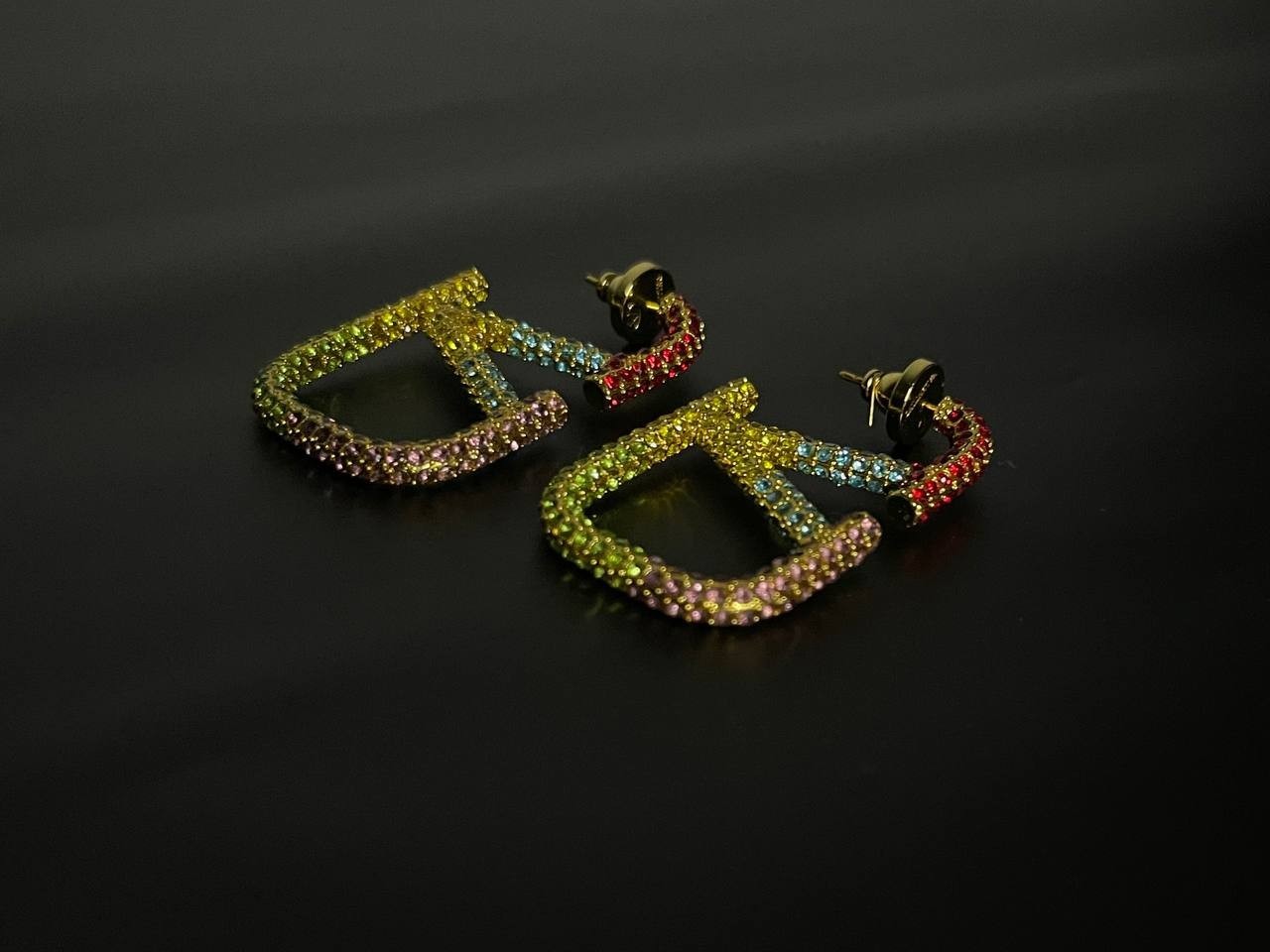 Vintage Valentino Rainbow Crystal V Logo Hoop Earrings