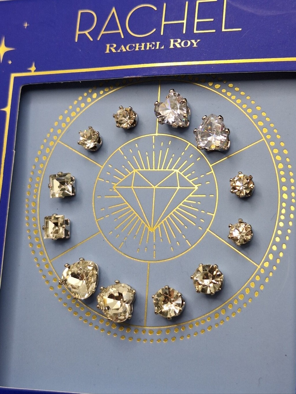 NWT Rachel Roy 9-Pair Crystal Stud Earring Set in Gift Box | Mixed Shapes