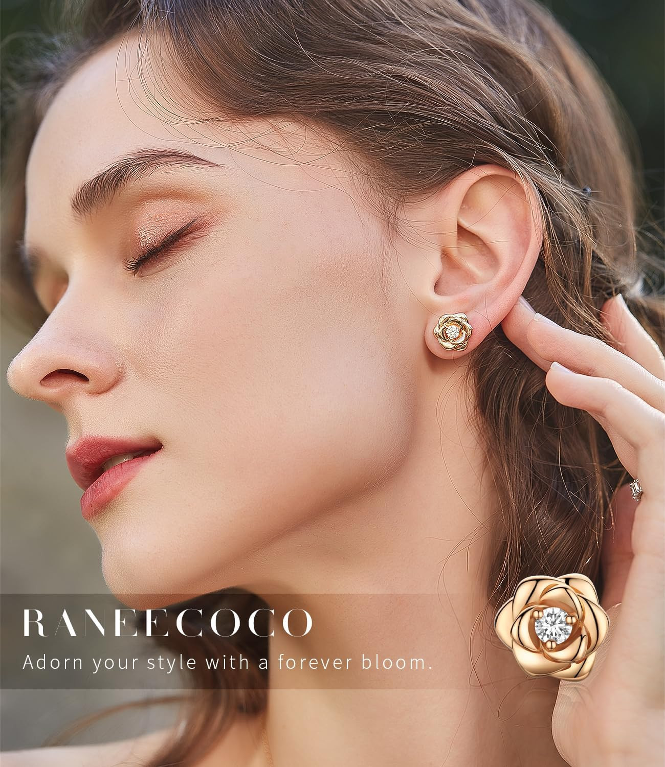 Gold Plated Sterling Silver Rose Flower Earring Studs, Hypoallergenic & Nickel F