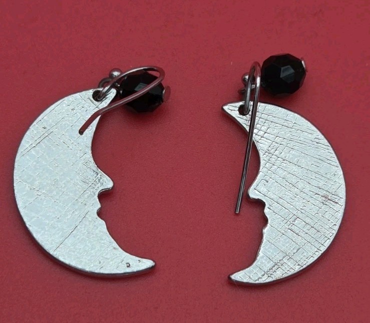 Moon Face Drop Earrings Silver Tone Celestial Jewelry Black Bead Accent