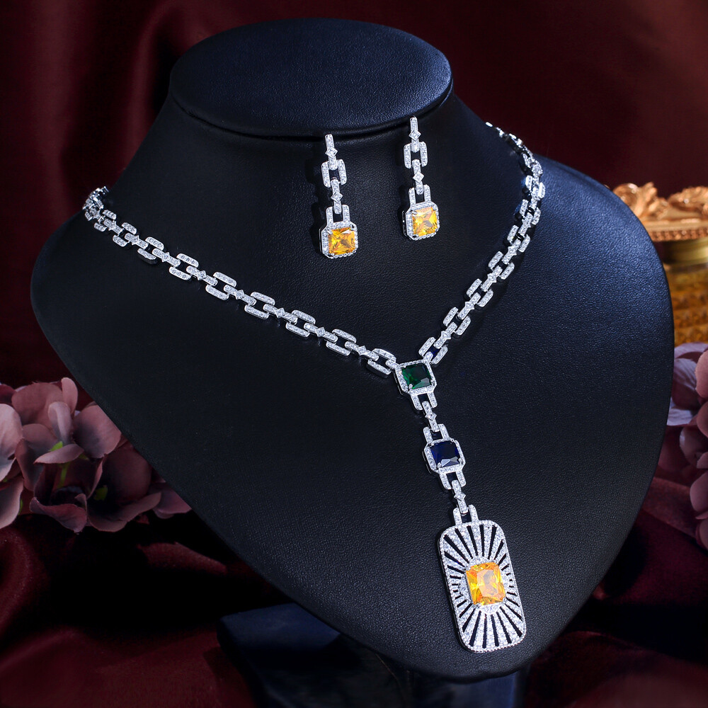 Women Silver Plated Long Chain Drop Necklace Earrings Zirconia Party Jewelry Set