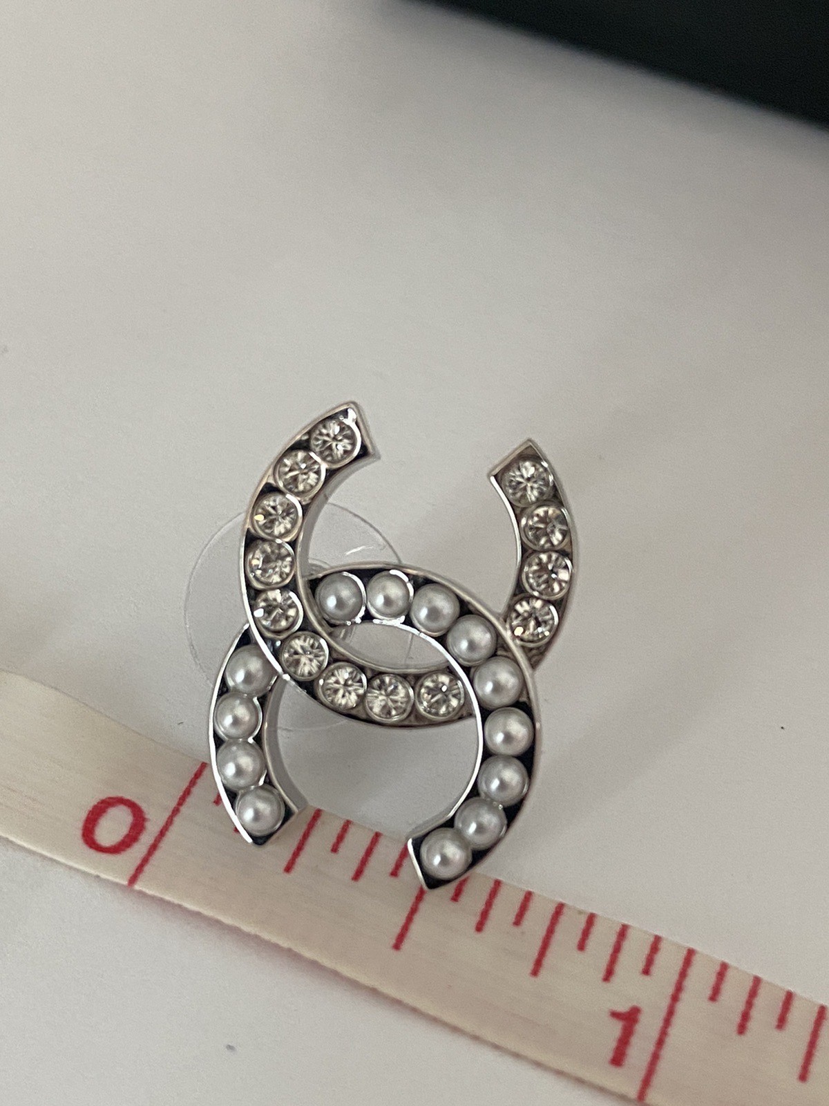 Authentic Chanel Silver Tone Crystal Stud Earrings Medium Size