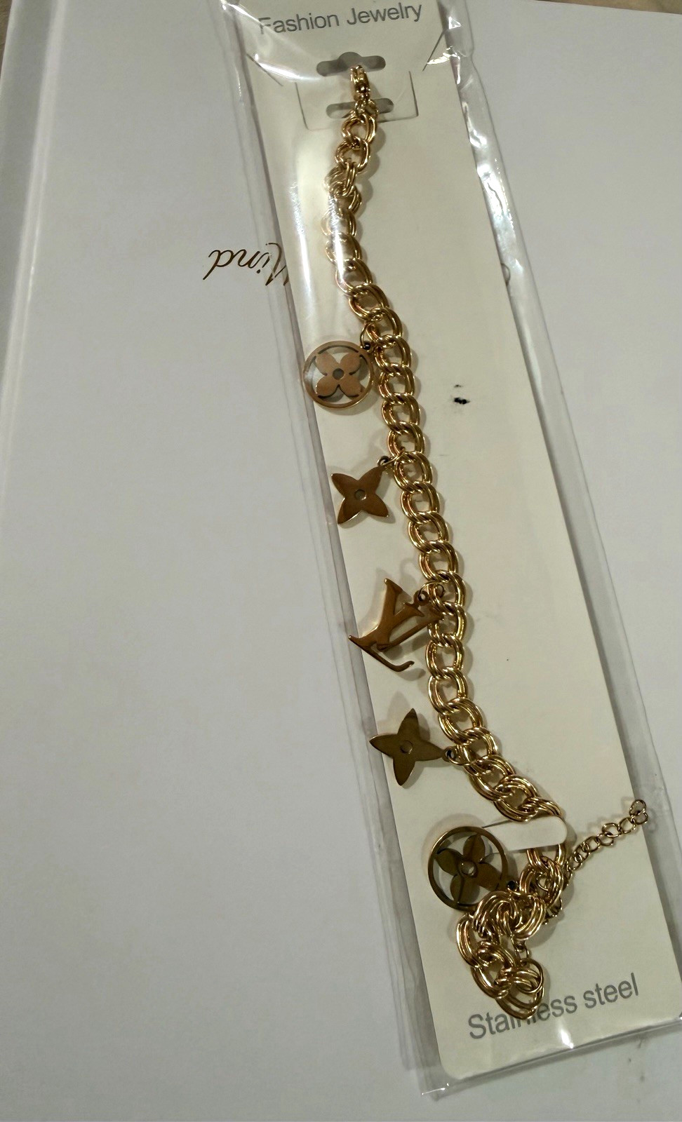 Gold Tone Stainless Steel Cable Chain Dangle Charm Bracelet Lobster Clasp