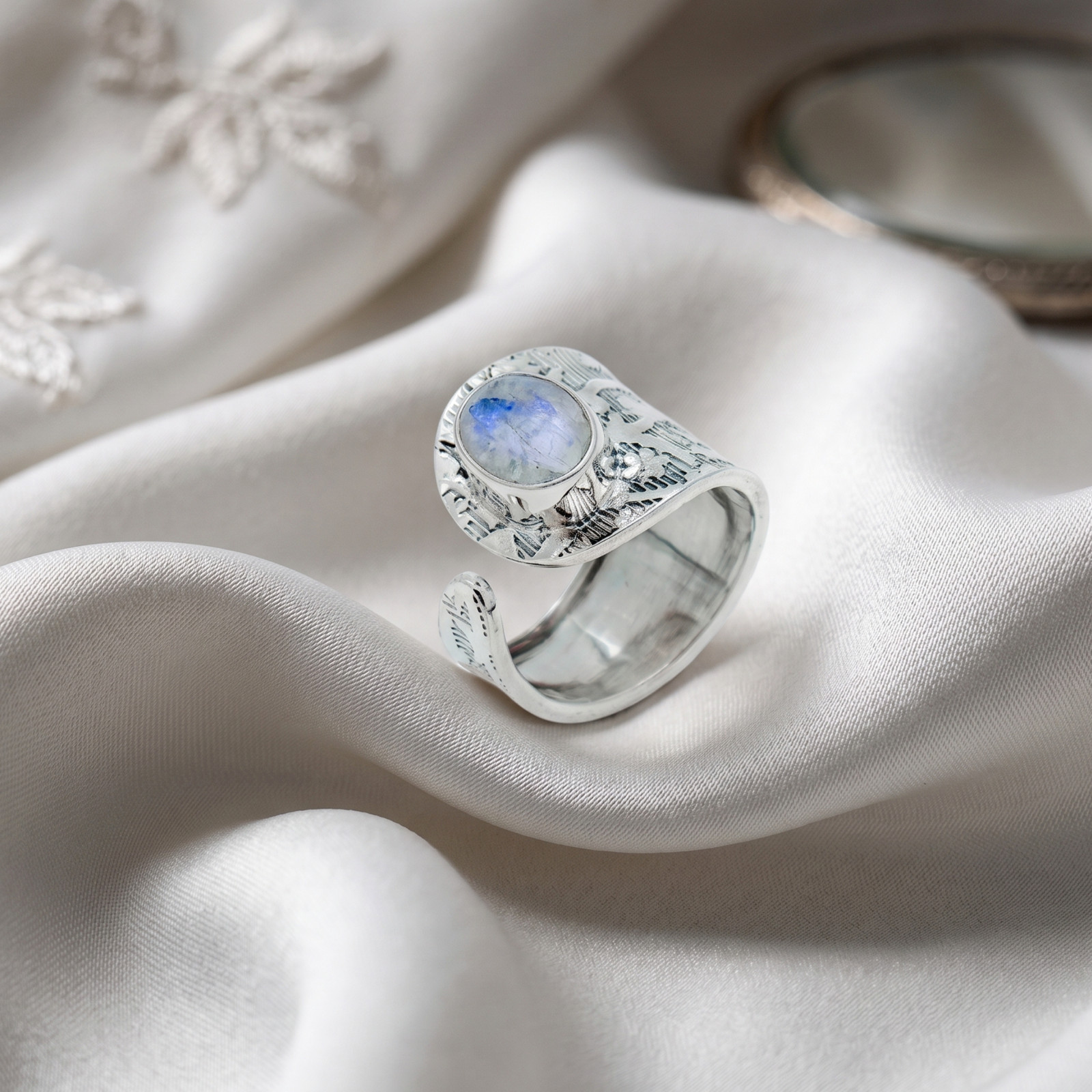 Natural Moonstone Sterling Silver Wrap Ring, Floral Statement Jewelry