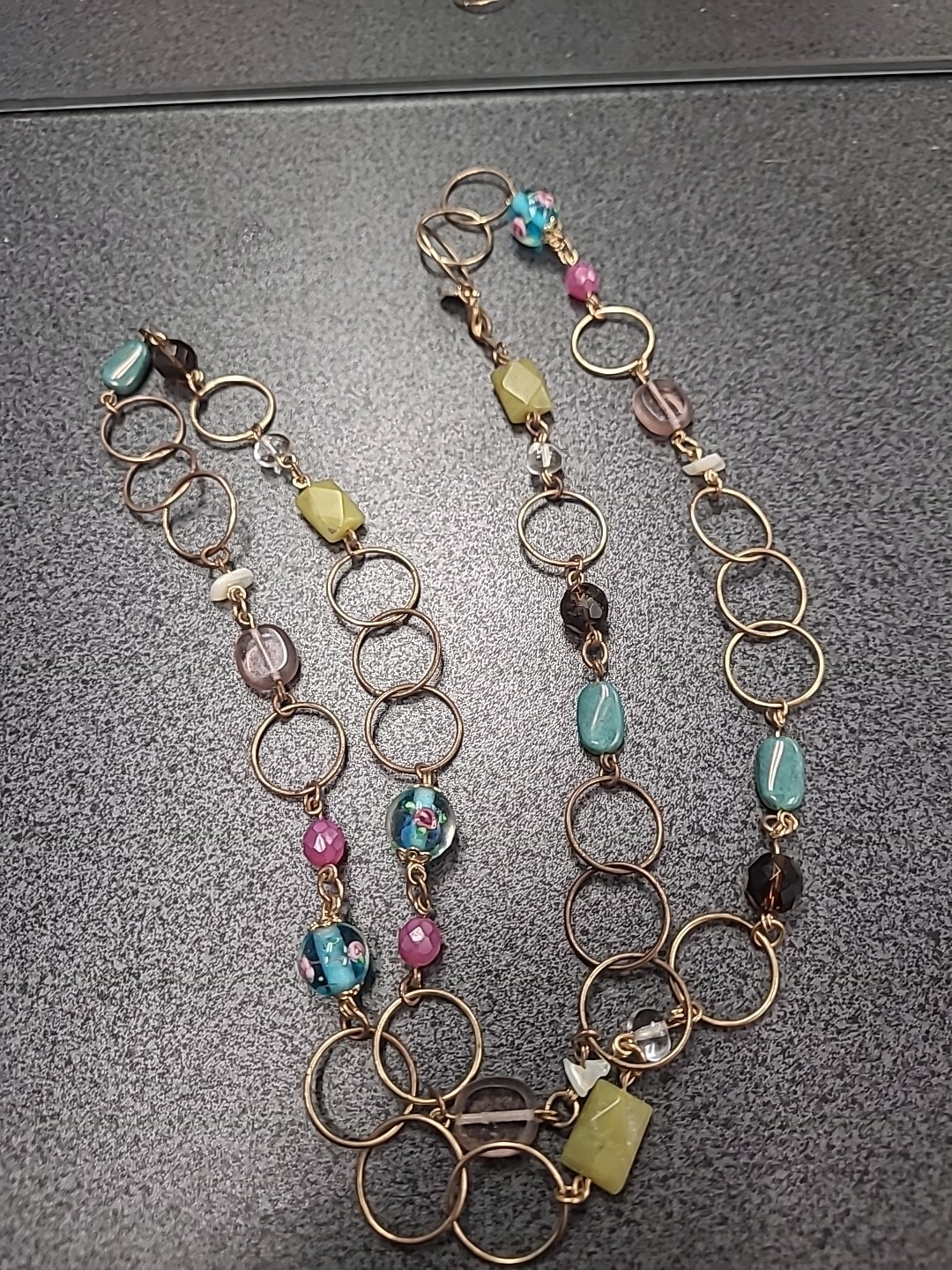 Cookie Lee Necklace Long Glass Floral Lampwork Beads Shell Stone Metal 34″
