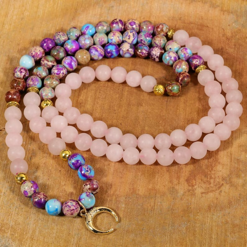 Natural Jade & Rose Quartz 108 Mala Beads Prayer Healing Yoga Bracelet Necklace
