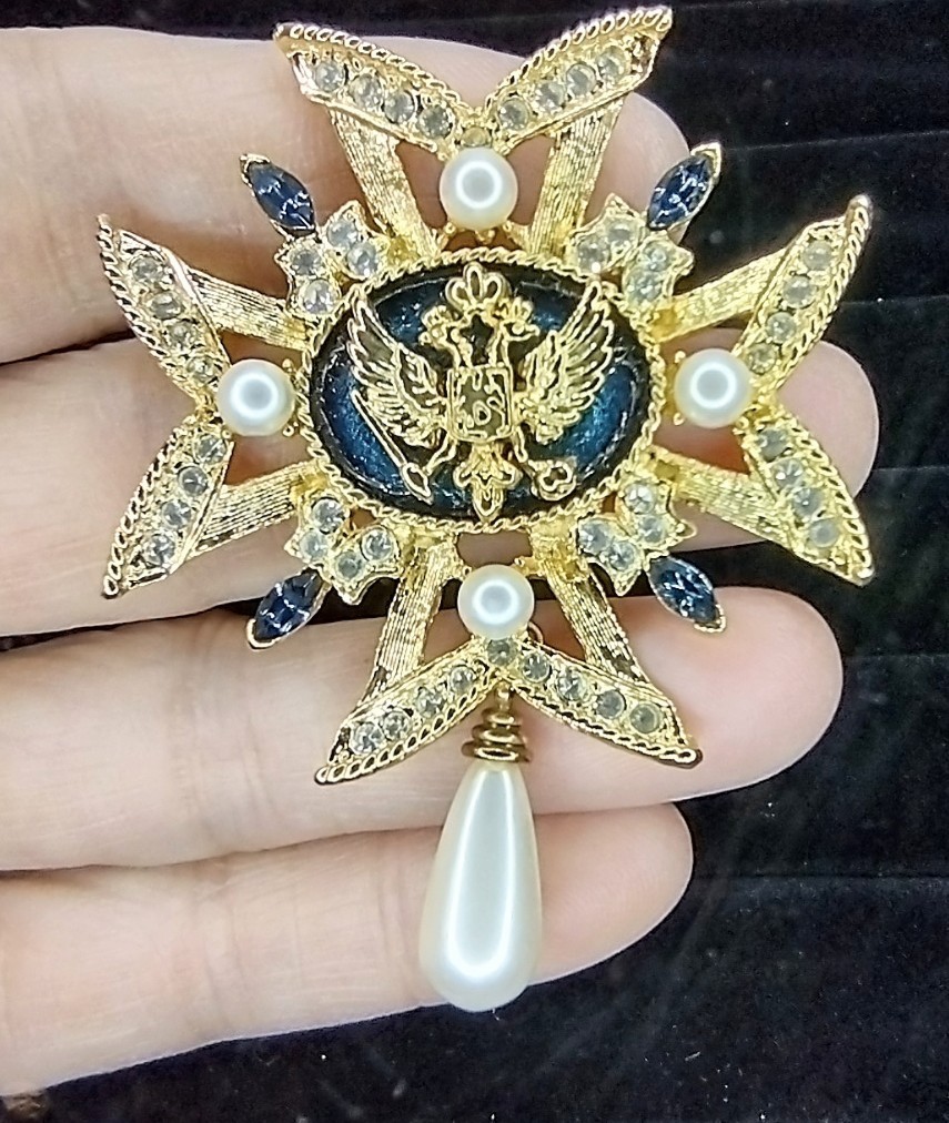 Vtg Russian Maltese Cross Brooch Pin Pendant Blue Enamel Rhinestone Faux Pearl