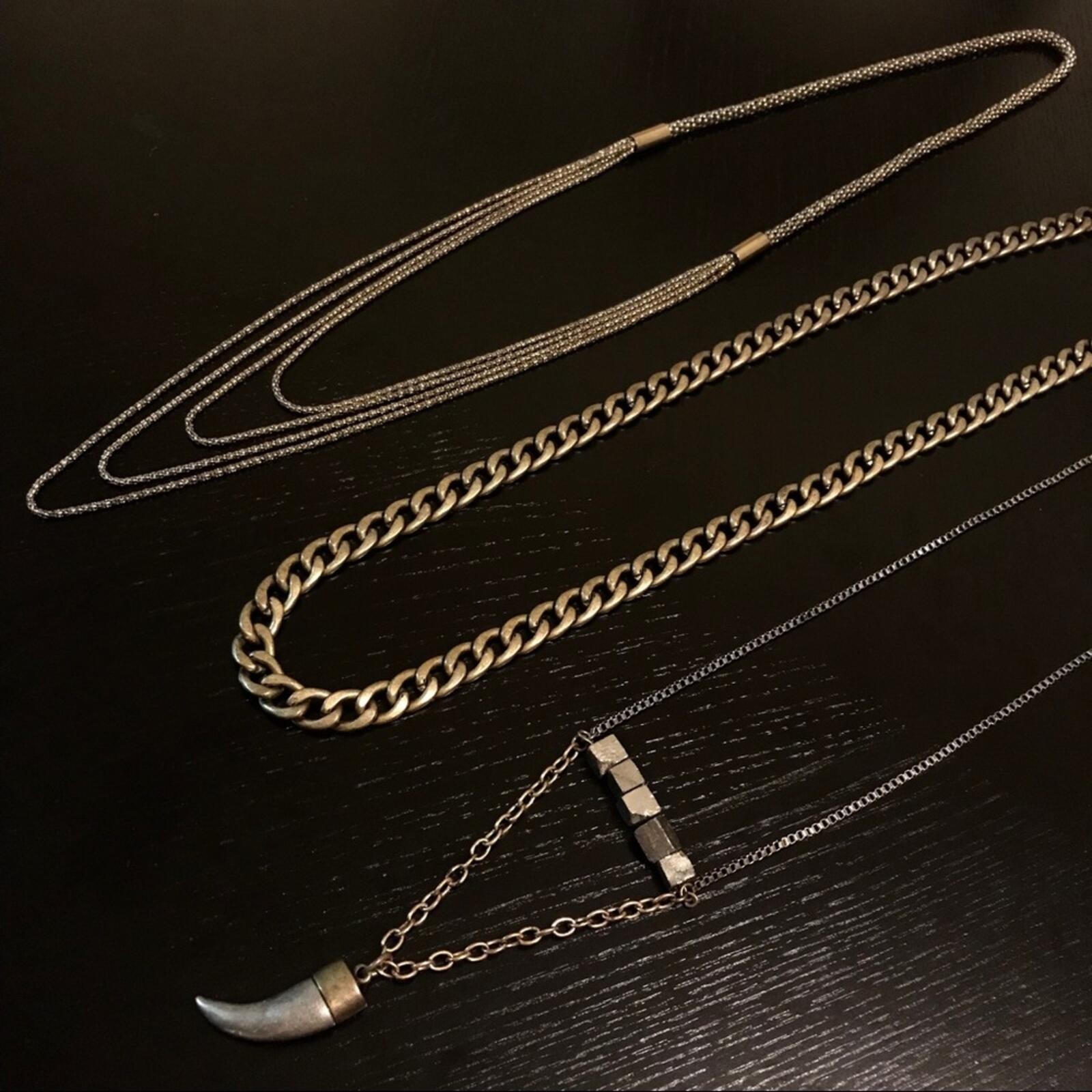 Three long gold tone chain link layered pendant statement necklace bundle