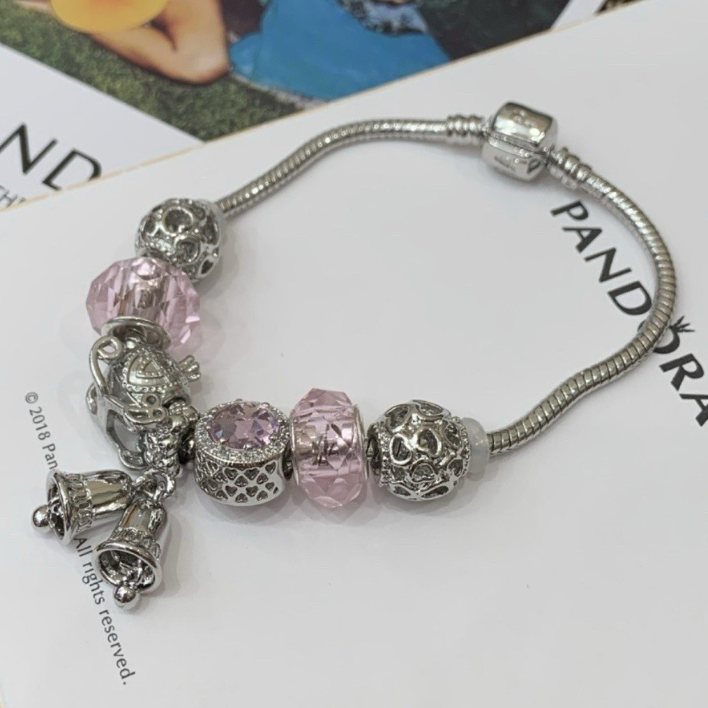PANDORA Snake Chain Charm Bracelet Silver Pink Dangle Charms w/ Packaging