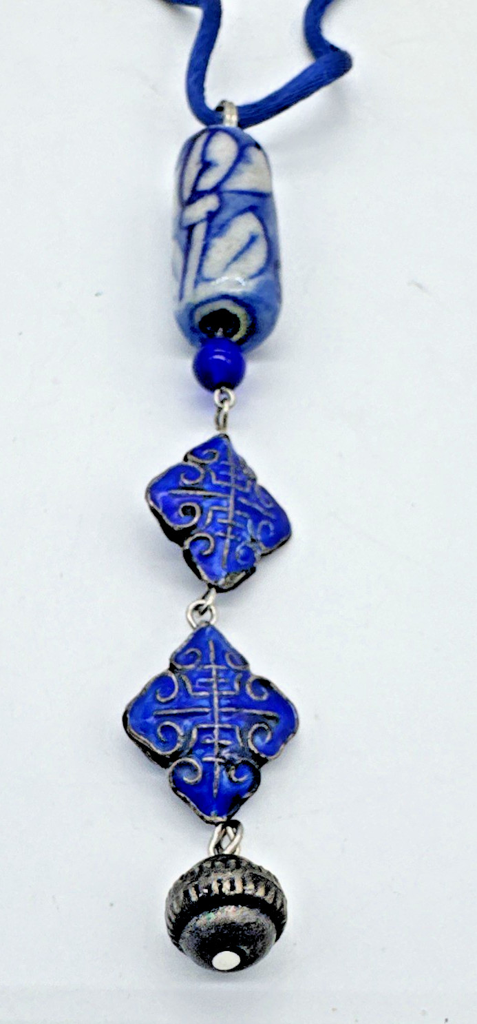 Handmade Blue Ceramic Cloisonne Pendant Necklace Adjustable Cord Artisan Jewelry