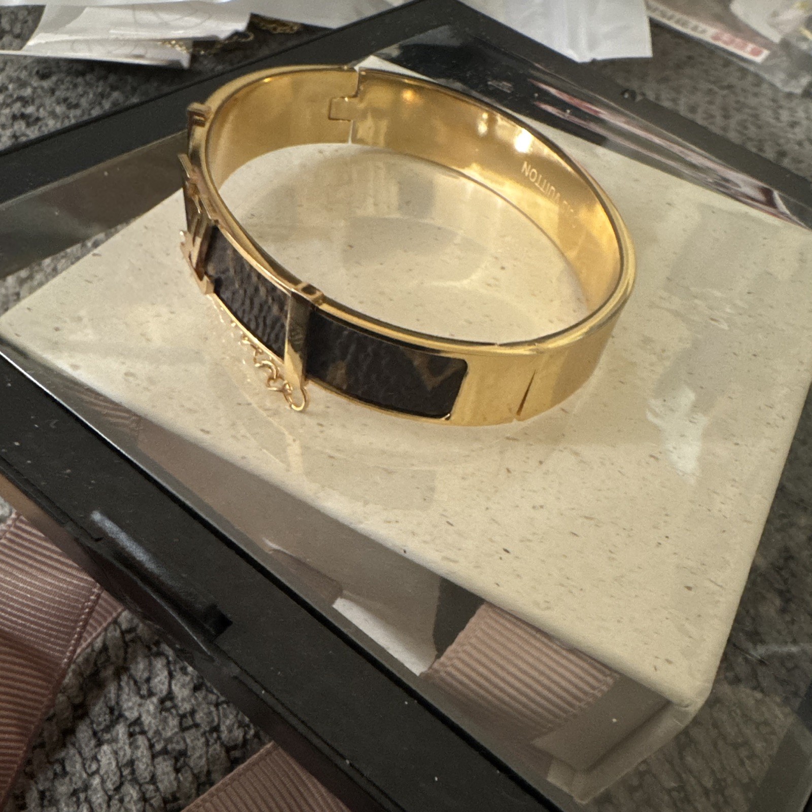 Louis Vuitton LV Monogram Gold Tone Bangle Bracelet w/ Cable Chain Signed