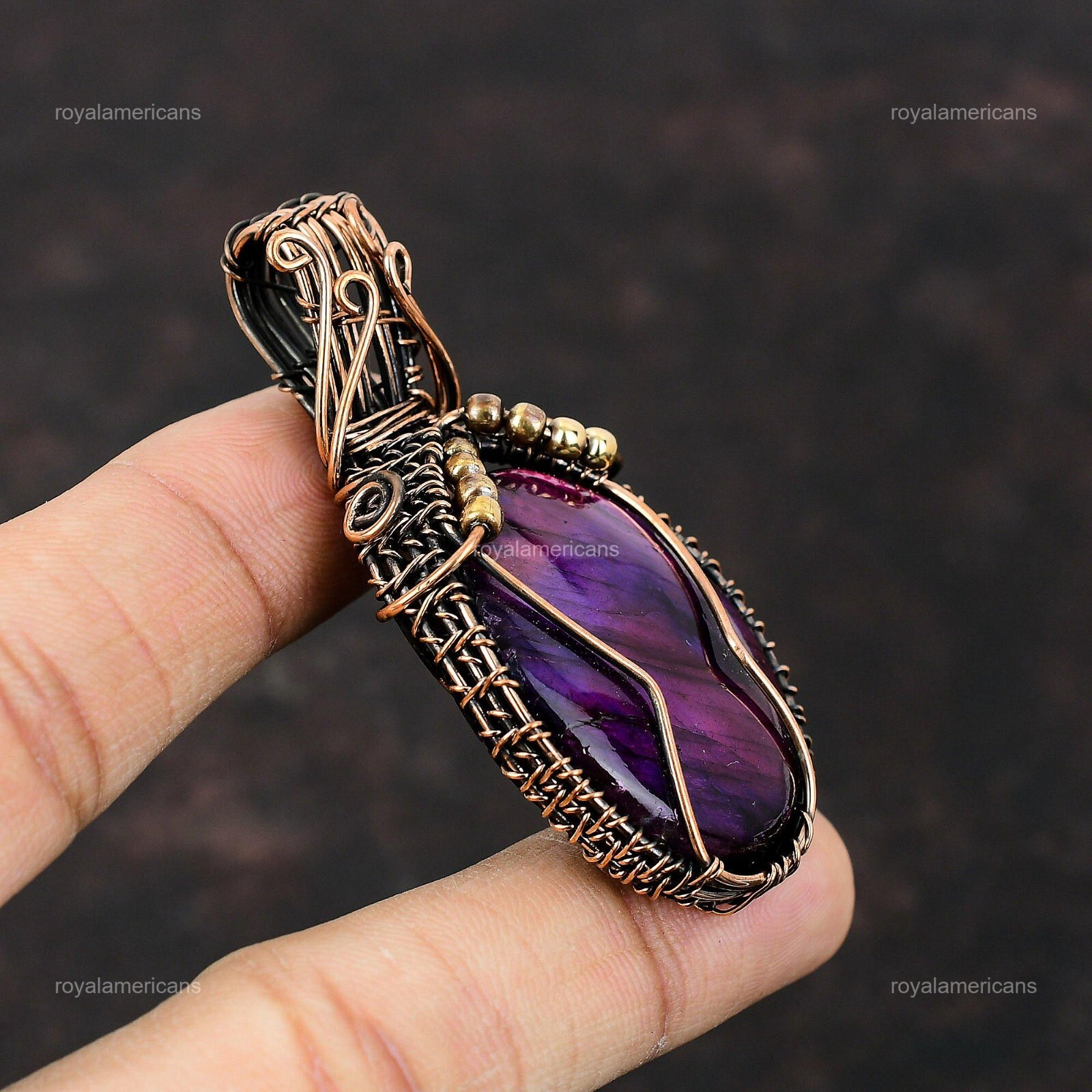Gift For Her Pink & Purple Fire Labradorite Wire Wrapped Pendant Copper 2.56″
