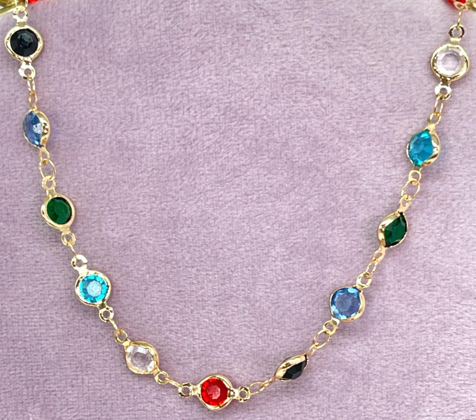 Necklace Gold Tone Blue, Red, Green, White & Black Faceted Crystals. Length 20″