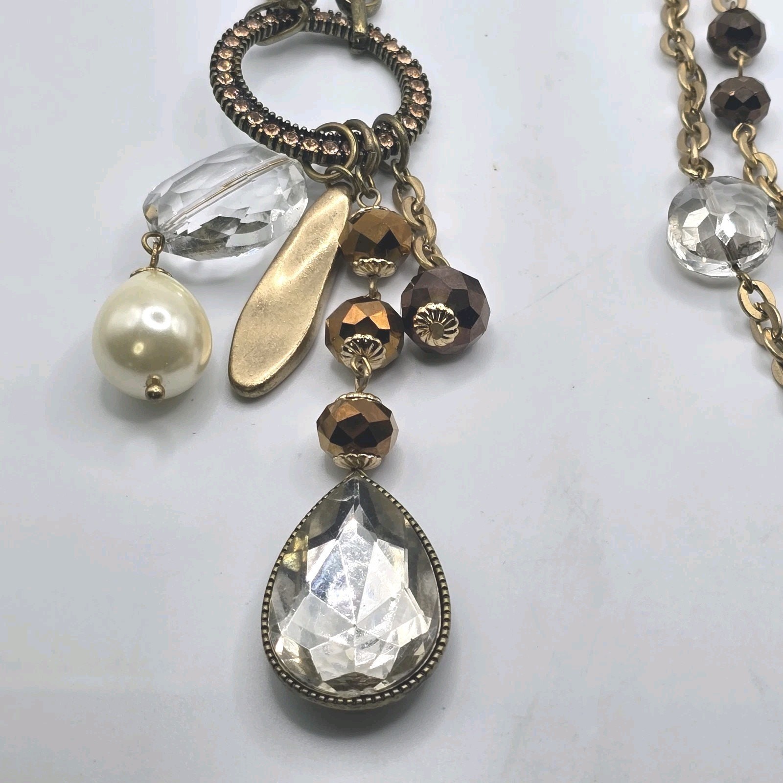 Necklace Chico’s Charm Necklace Crystals Glass Beads 36″ 38″ Antique Gold Tone