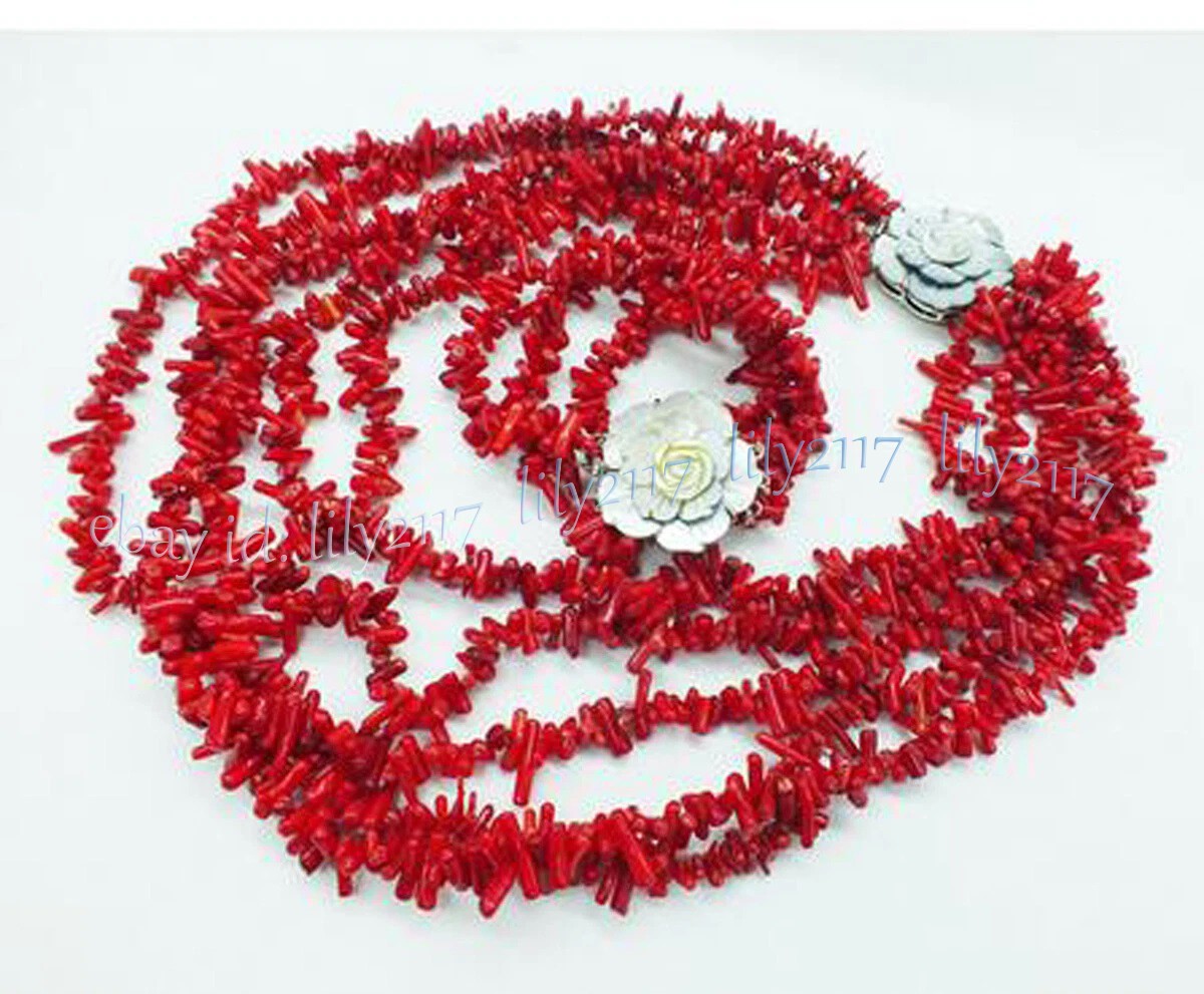 Charming 5Rows Natural Red Coral Irregular Chip Gems Beads Necklace Bracelet Set