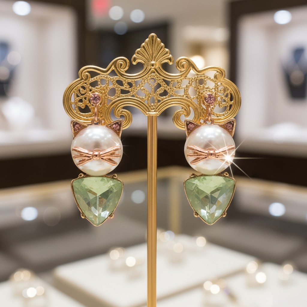 Betsey Johnson Cat Stud Earrings | Pearl Cat Face | Delicate Stone Accents