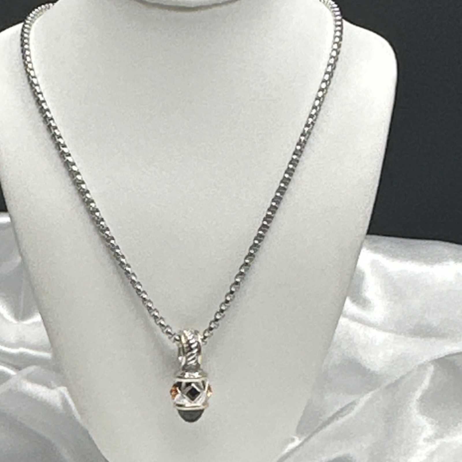 Silver-Gold Tone Chain Charm Bracelet Metal Adjustable with Black Cushion Stone