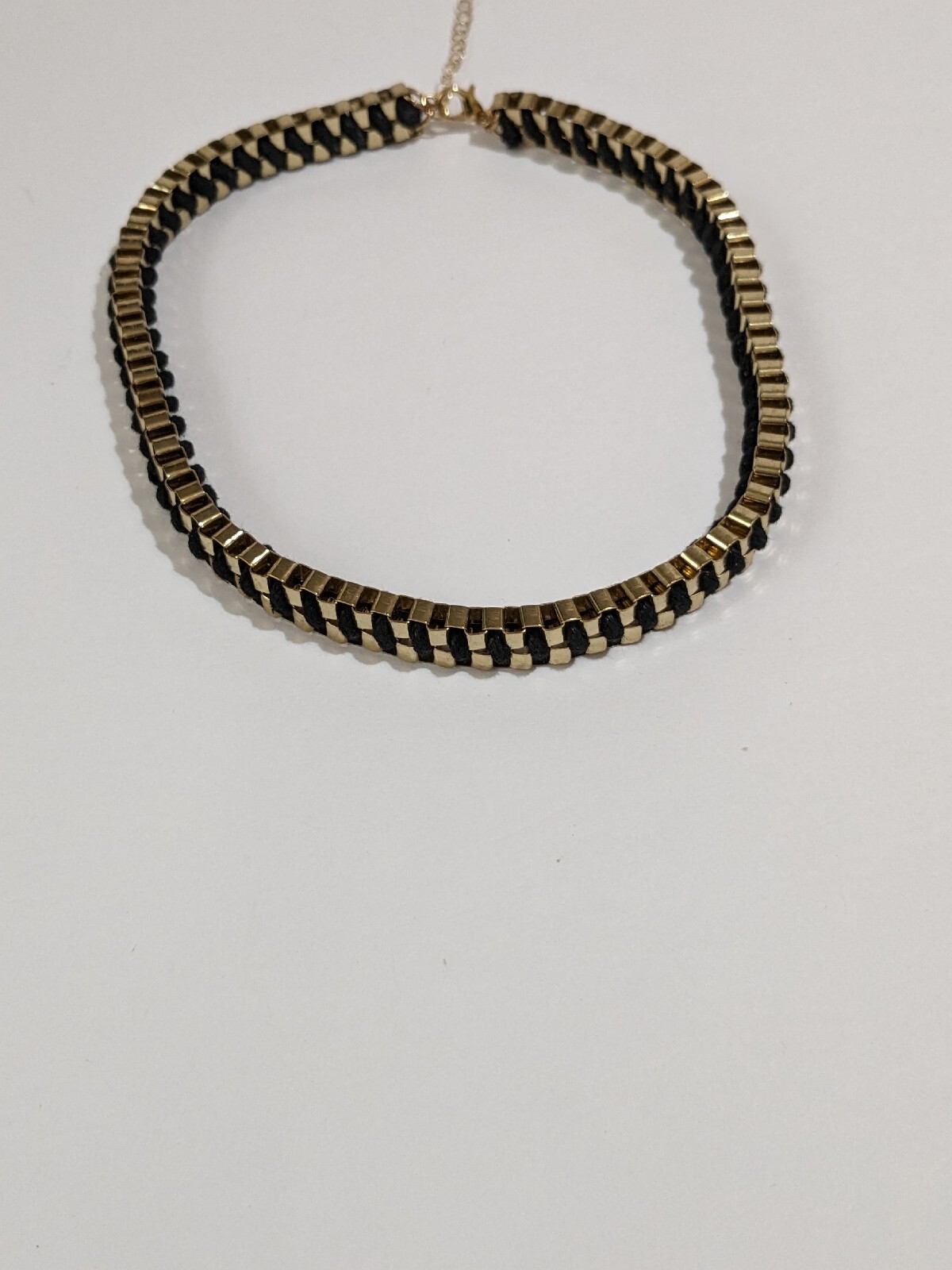 Gold Tone And Black Cord Braided Box Chain Necklace. Vintage. 16 Inch.