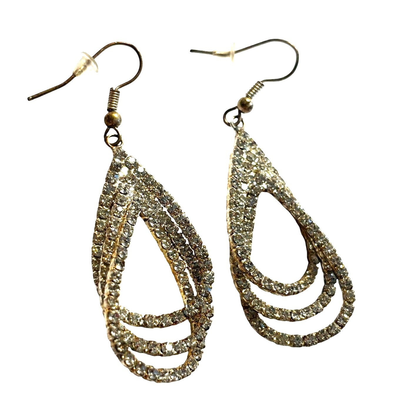 Dramatic pierced earrings silver & clear white rhinestone dimensional teardrops
