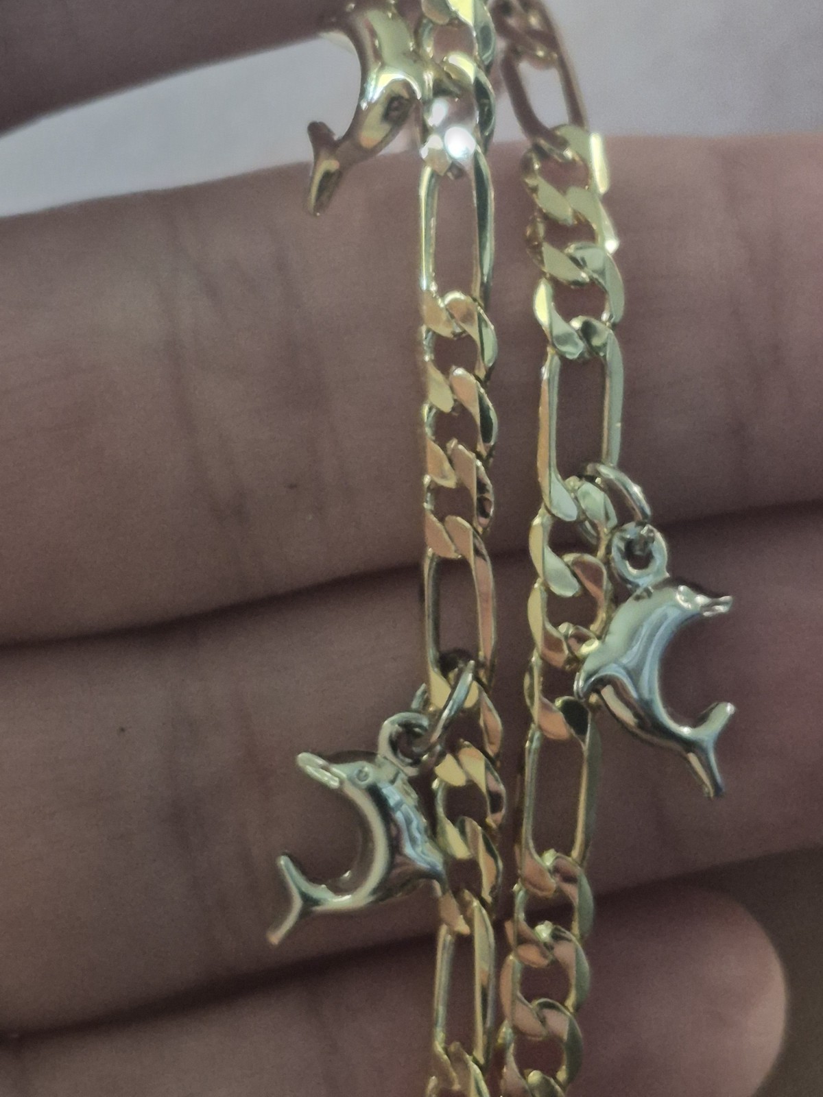 Set Of Two Gold Filled Anklets 9in And 10in Tri-color Dolphins Beachy