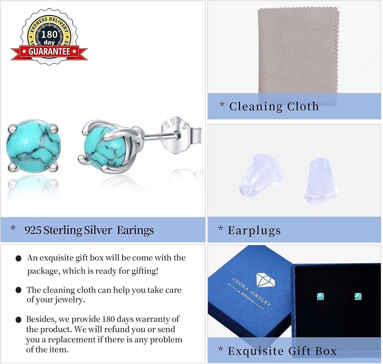 6mm Turquoise Studs 925 Sterling Silver Elegant Women’s Gift Box