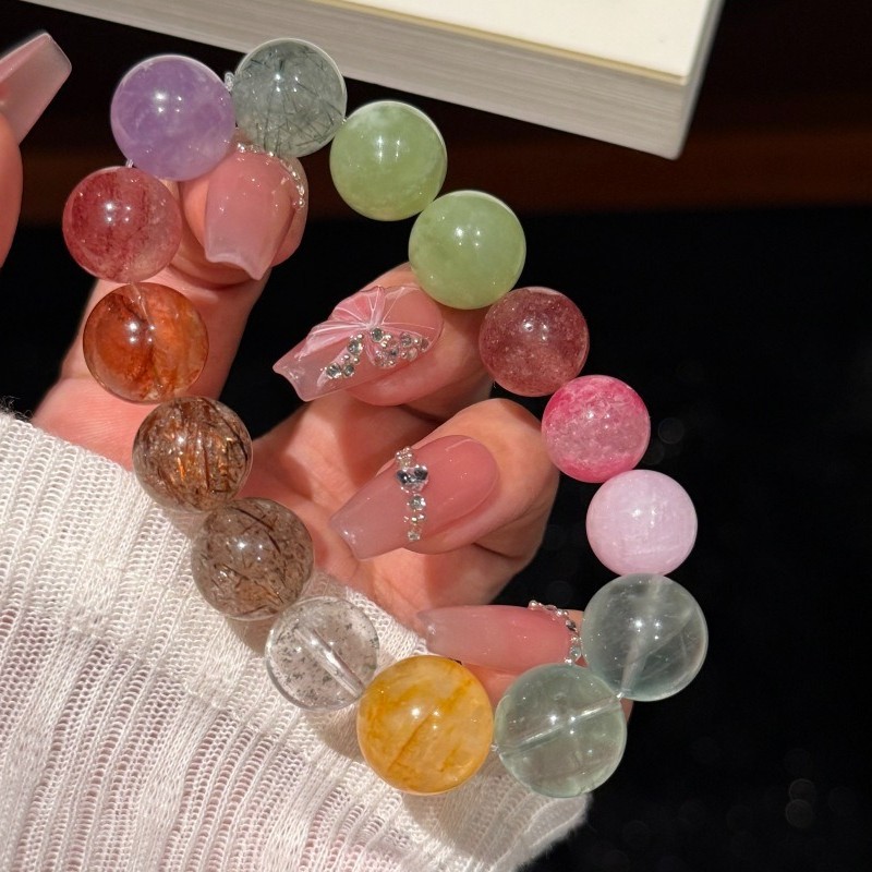 12/13mm Natural Green fluorite sprpentine jade rose quartz amethyst Bracelet
