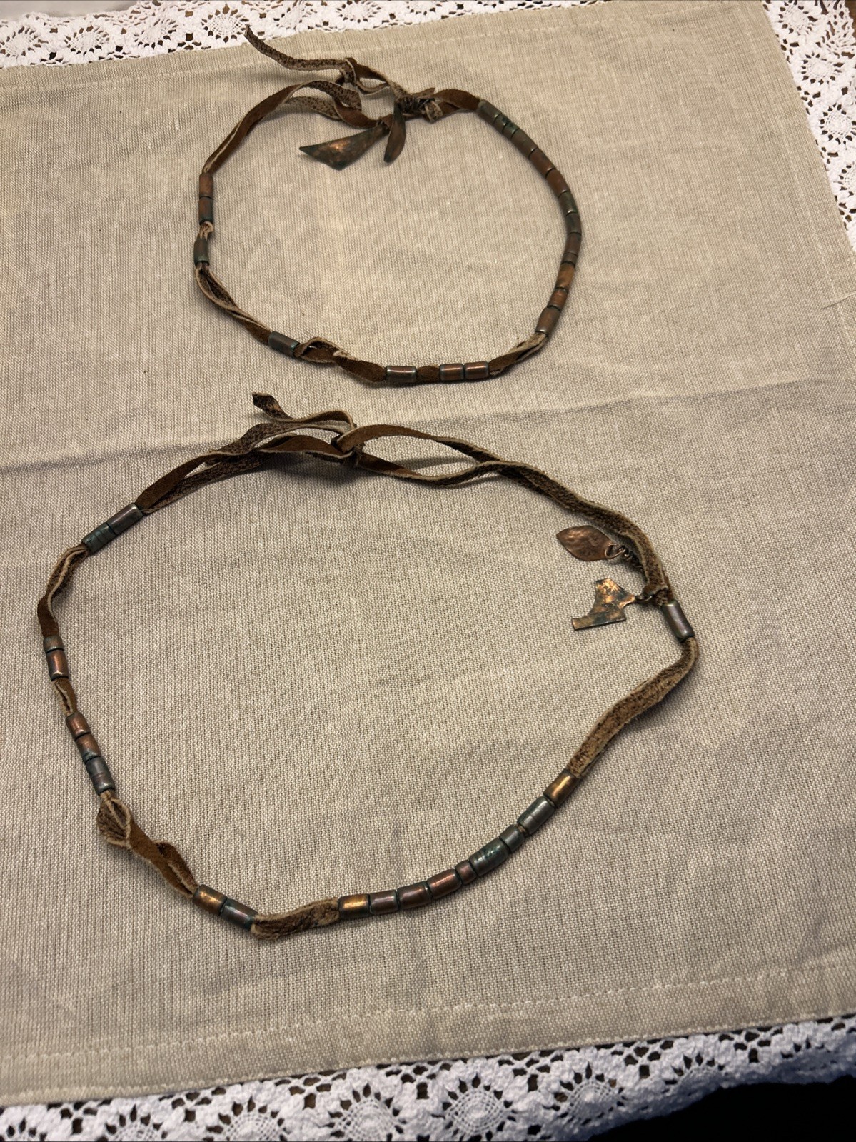 Set of Two Boho Tribal Style Necklaces Leather Cord Copper Metal Charms Beads